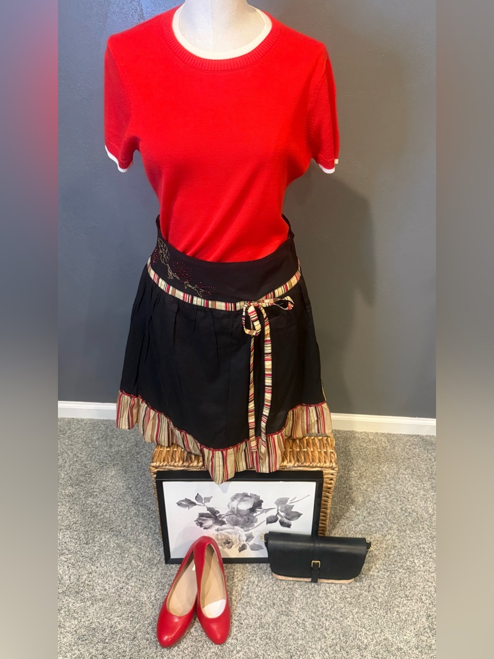 Black Midi Skirt with Striped Trim and Waist Tie